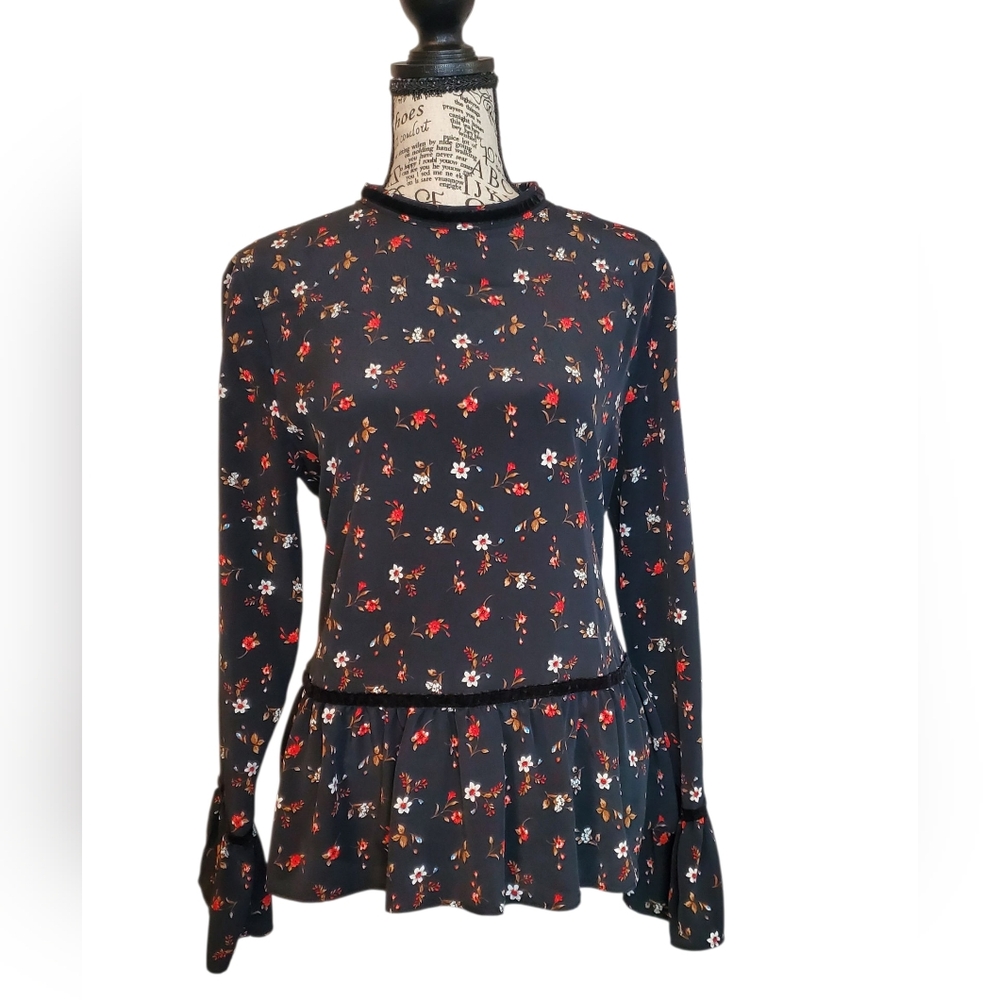 Zara Floral Print Blouse With a Peplum Hem and Velvet Trim. Size M